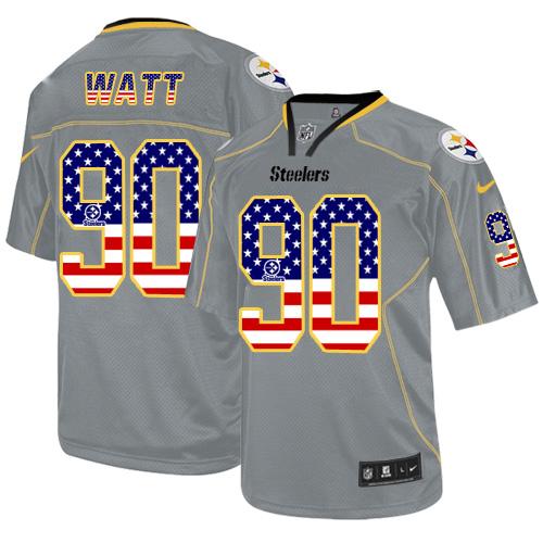 Nike Steelers #90 T. J. Watt Grey Men's Stitched NFL Elite USA Flag Fashion Jersey - Click Image to Close